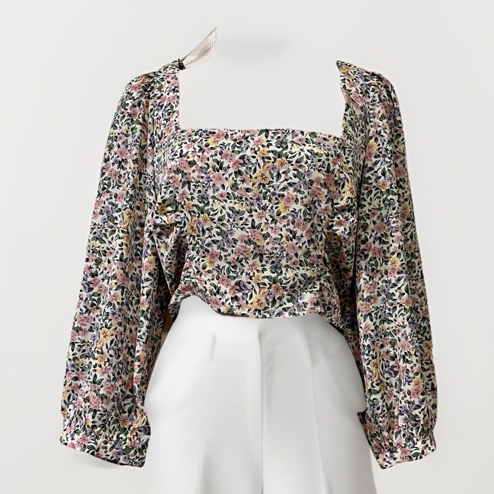 Lulus Ditzy Floral Print 3/4 Puff Sleeve Crop Top Womens L Peasant Cottage Boho